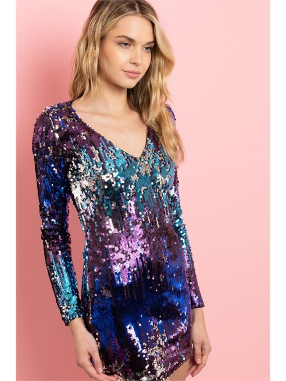 Riah Fashion Long-Sleeve Sequin Mini Dress Blue Multicolor Size S or L